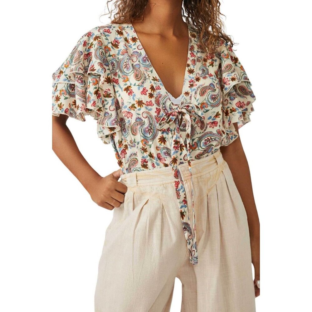 FREE PEOPLE women size Large Call Me Later Bodysuit Top Paisley Printed v-neck - Picture 6 of 11